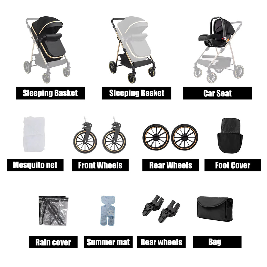 3-in-1 Luxus Baby-Kinderwagen für Neugeborene mit Babygeschirr und Carrycot in Grau und Schwarz - Bild 4