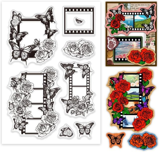 Transparente Bastelstempel mit Schmetterlingsblumen-Motiv und Vintage-Filmrandung für die Kartenherstellung - Bild 1