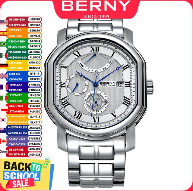 BERNY Armbanduhr, Automatik, Edelstahl, Saphirglas, Silber, Herren - Bild 1