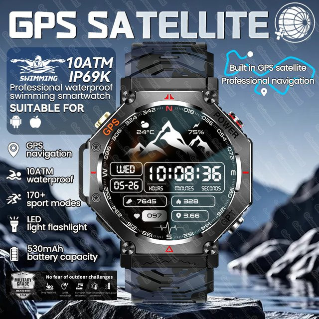 GUHUAVMI Militär Smartwatch für Männer mit GPS, AMOLED HD Display, Bluetooth Anruffunktion und Taschenlampe, wasserdicht 10ATM IP69K, Farbe: Schwarz - Bild 1