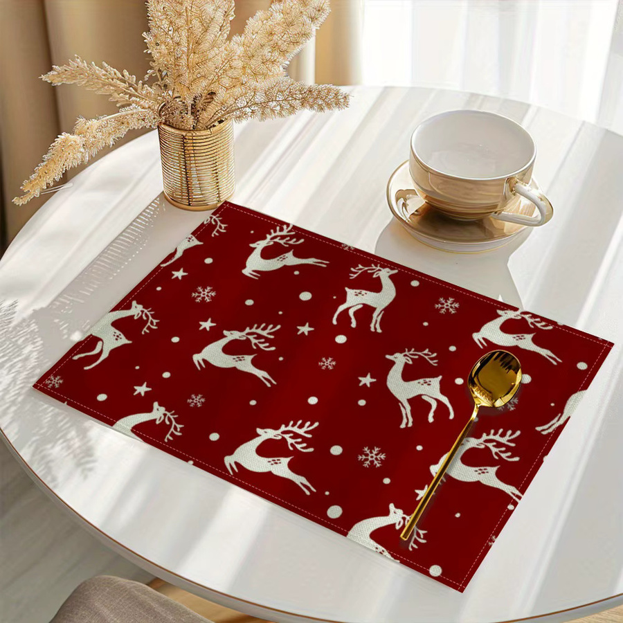 VIKAMA 4er Set Weihnachts Tischsets aus Leinen mit Rentier und Schneeflocken Motiv in Rot - Bild 3