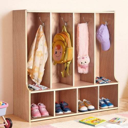 VEVOR Kinderkleiderschrank aus Sperrholz in Braun mit 8 Haken und 8 Fächern als Garderobenregal für Kinderzimmer, Kindergarten und Kita - Bild 1