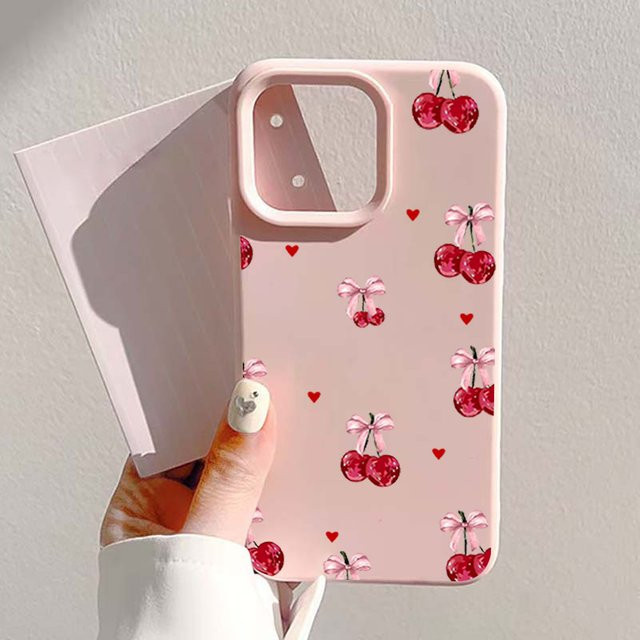 Apple iPhone Handyhülle aus TPU Silikon mit Vintage Rote Kirschen Schleifen- und Herzmuster in Rot und Pink für iPhone 17 16 15 14 13 12 11 Pro Max Plus Air - Bild 1