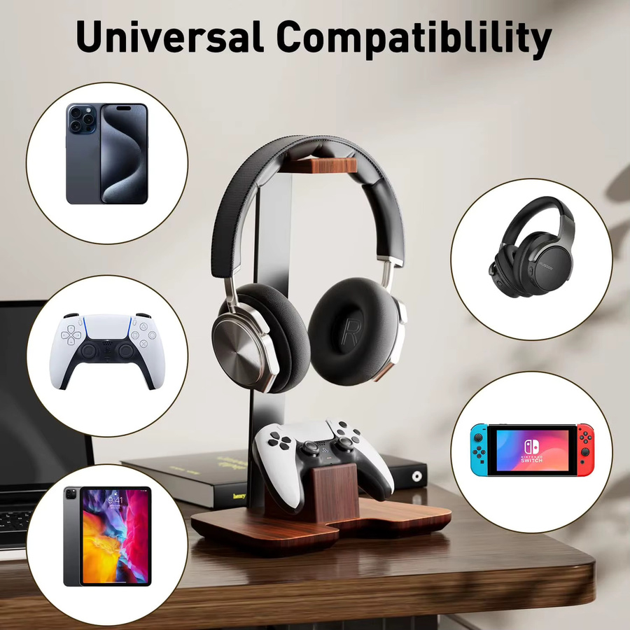 JINSERTA Universal Kopfhörer Ständer und Controller Halter aus Walnuss Holz und Aluminium Legierung in Braun - Bild 4