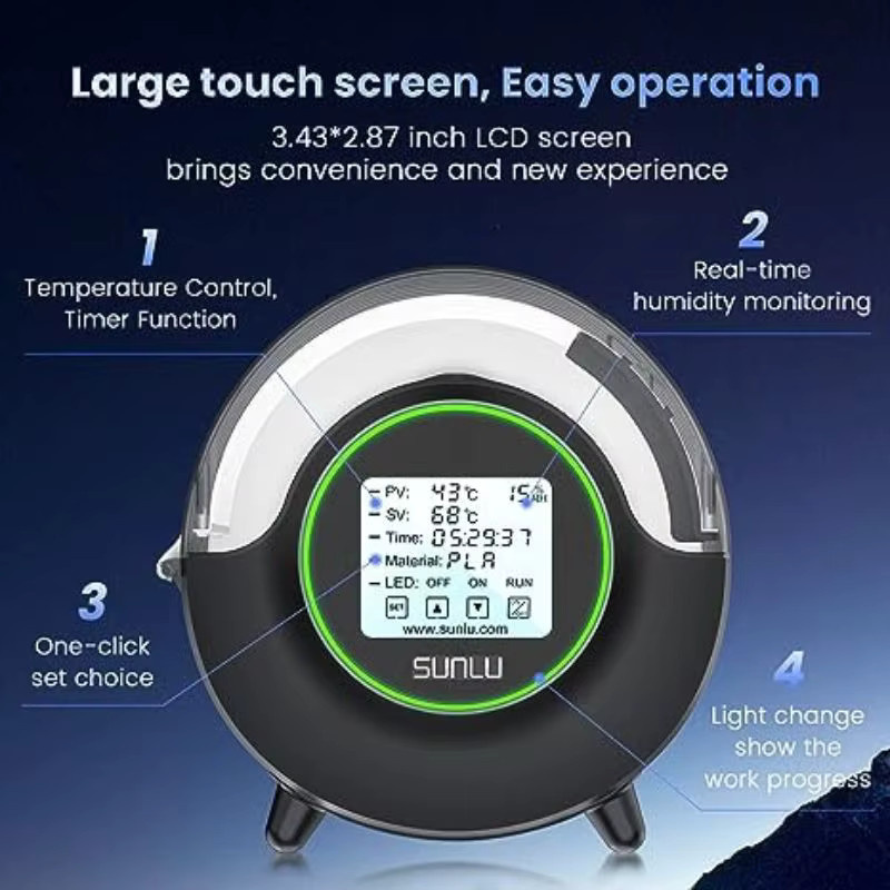 SUNLU S2 Filament-Trocknerbox in Schwarz mit 4,6-Zoll-LCD-Luftfeuchtigkeitsanzeige für PLA, ABS, PA und PC, geeignet für 1,75 mm bis 3,0 mm Filament - Bild 2
