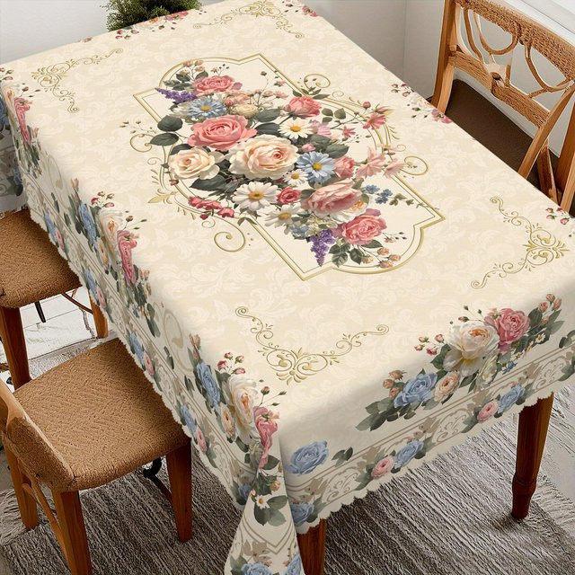 JMG Household Supplies Tischdecke mit Rosenblumen-Design in Rosa und Weiß, quadratisch, wasserabweisend, B/B: 140 x 140 cm - Bild 1