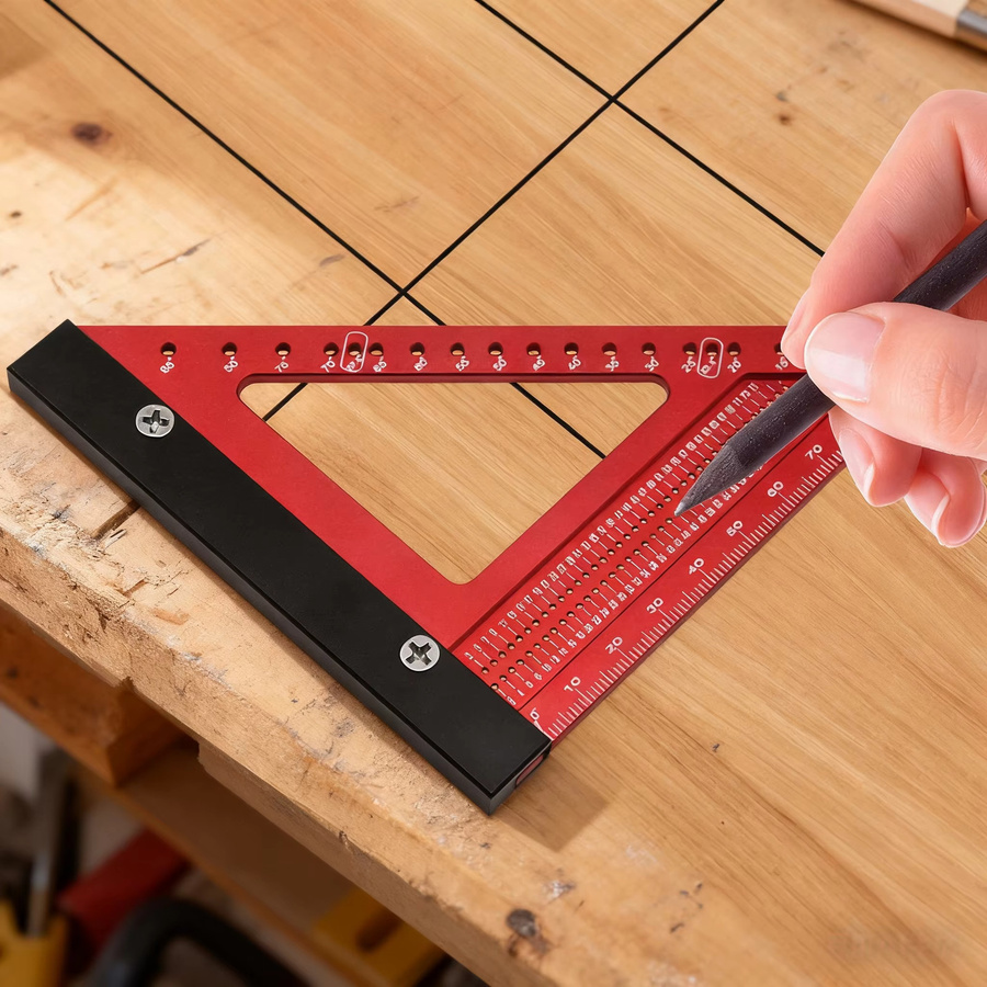 Wnew Präzisions-Zimmermannsquadrat 90 Grad aus Aluminiumlegierung in Rot-Schwarz, multifunktionales Dreieckslineal mit Lochpositionierung für Profis - Bild 5