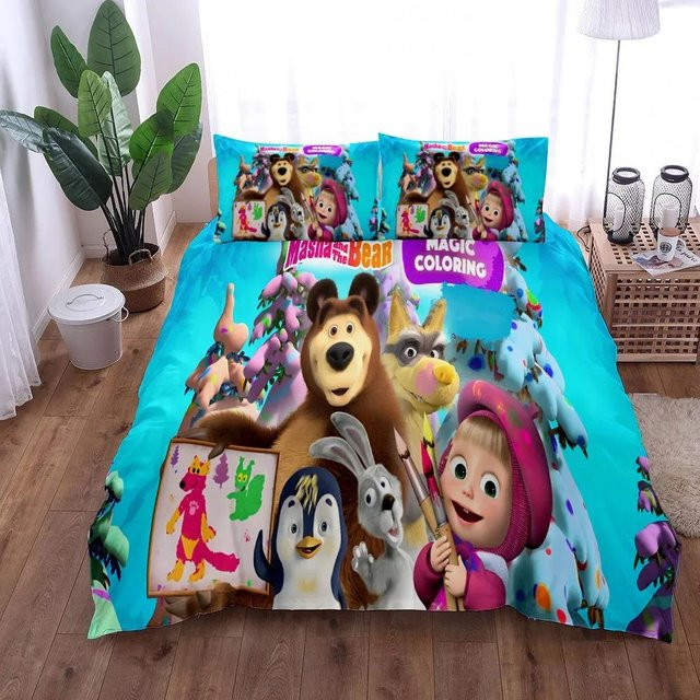Softura Masha Cartoon Bettwäsche-Set aus Mikrofaser, Blau, 3-teilig, B: 70 cm, L: 133 cm - Bild 1