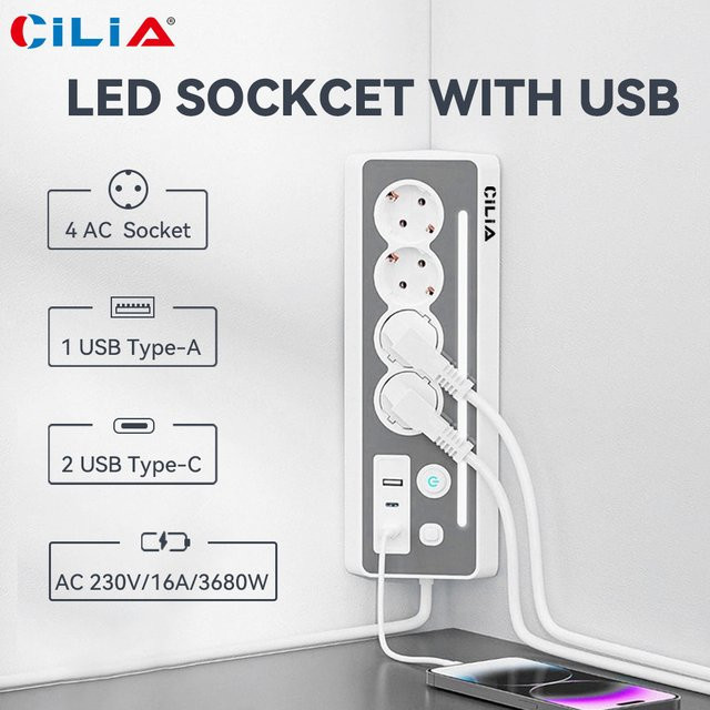 CILIA 4-fach Steckdosenleiste mit Schuko, 2x Typ-C und 1x USB, Überspannungsschutz, LED-Anzeige und Ein/Aus-Schalter, 3680W 16A, 1,5m Kabel, in Schwarz oder Weiß - Bild 1
