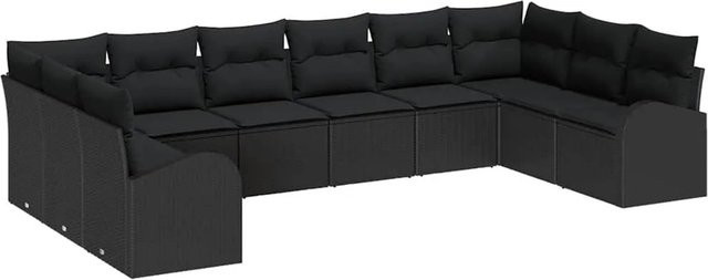 vidaXL Garten-Sofa-Set aus Poly-Rattan in Schwarz, 10-teiliges U-Shape Lounge-Set mit Polsterkissen und Armlehnen - Bild 1
