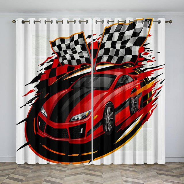 Yiran Furniture Sportwagen Fenster Vorhänge für Kinderzimmer mit Cartoon Rennen Motiv, 2er Set, Multicolor, B: 65 cm, H: 60 cm - Bild 1