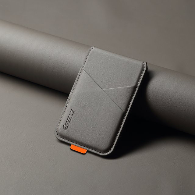 Eseble Magnetischer Telefonkartenhalter aus Premium PU-Leder in Grau mit RFID-Schutz und Kompatibilität für magnetisches kabelloses Laden - Bild 1