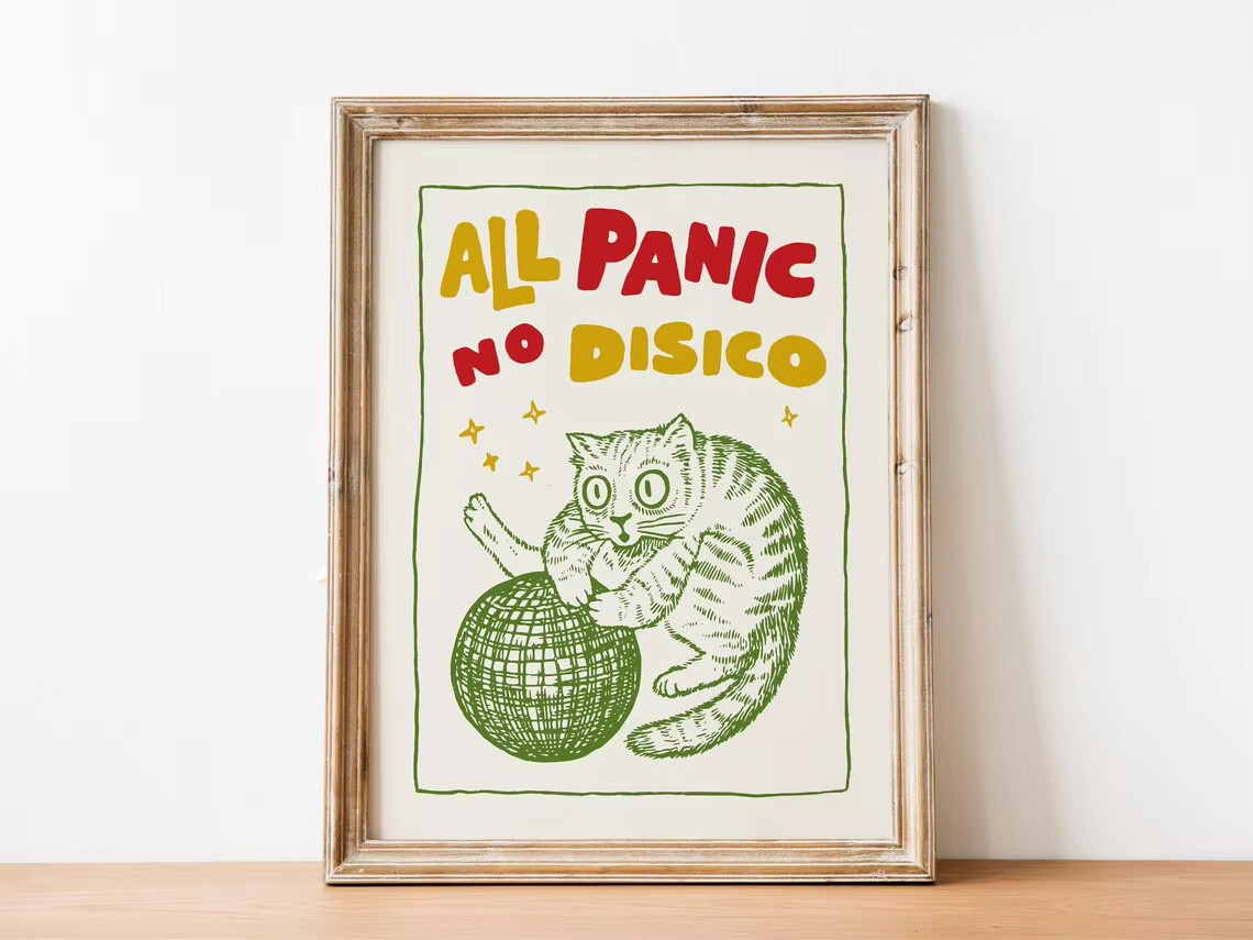 All Panic No Disco Retro Poster mit Katzen und Discokugel in Mehrfarbig als Wanddeko aus Papier - Bild 3