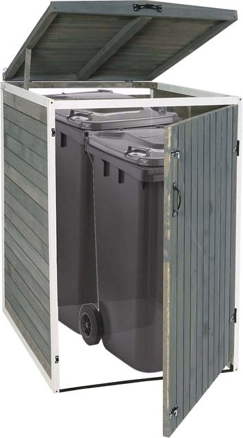MCW-H74 Mülltonnenverkleidung Mülltonnenbox aus Holz für 1 oder 2 Mülltonnen, erweiterbar, grau-weiß, B/T/H: 126 x 80 x 98 cm - Bild 1
