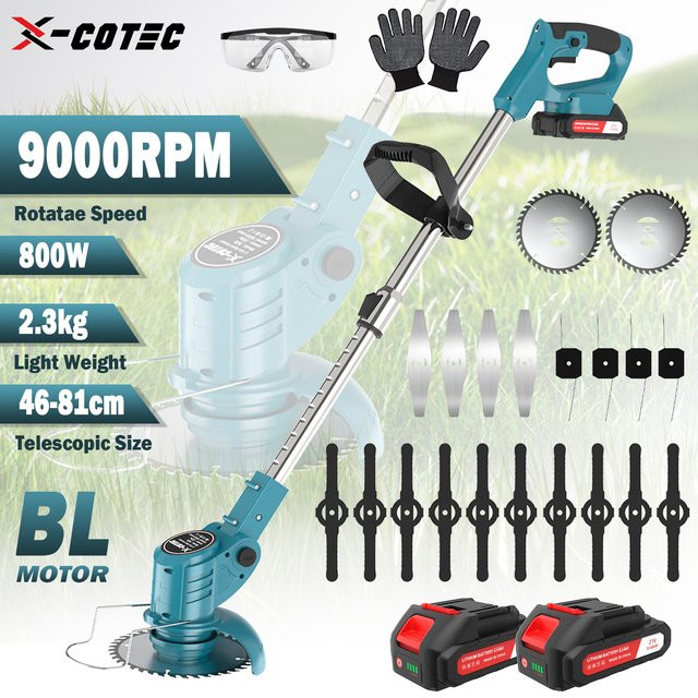 X-COTEC Akku-Rasentrimmer Blau mit 21V, 2 x 1,5A Akkus und Ladegerät, Teleskopstiel und drehbarer Motorkopf zum Mähen von Rasen und Entfernen von Unkraut, 0,9kg - Bild 1