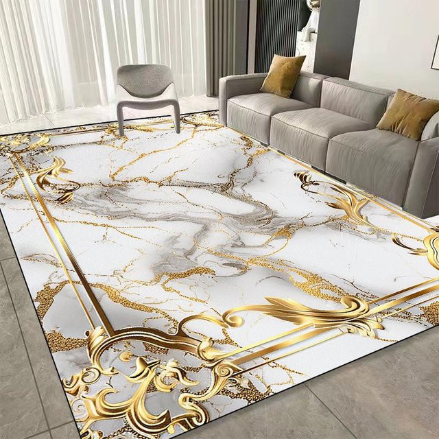 Waschbarer Luxusteppich Karpetti in Grau mit goldenem Rahmen, geometrisches Design aus Flanell, B/B: 90 x 60 cm - Bild 1