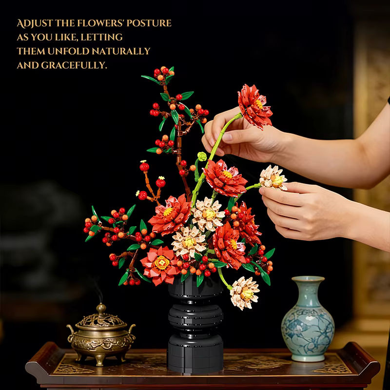 FINGERROCK Blumen Bausteine Dahlie und Chrysantheme als dekorative Topfpflanze in Morandi-Farben aus Kunststoff - Bild 3