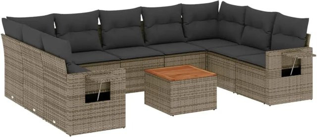 vidaXL 10-tlg Garten-Sofagarnitur in L-Form aus Polyrattan und Akazienholz in Grau mit UV-beständigen Kissen - Bild 1