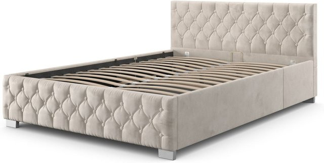 Juskys Polsterbett Nizza mit Bettkasten und LED-Beleuchtung, Samtbezug, Beige, B: 120 cm, T: 200 cm - Bild 1