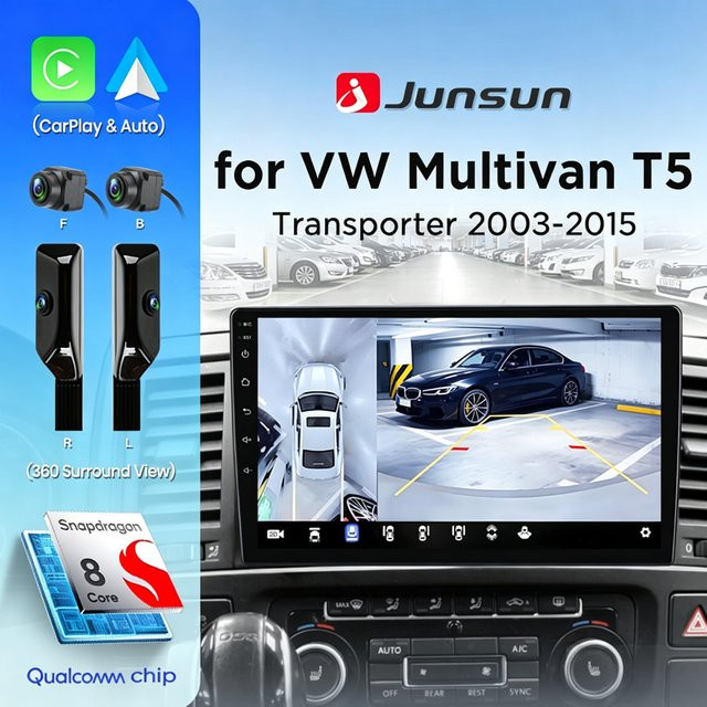 Junsun 360° Panorama Kamera Auto Radio für Volkswagen Multivan T5 2003-2015 mit Wireless CarPlay, Android Auto, GPS und RDS in Schwarz - Bild 1