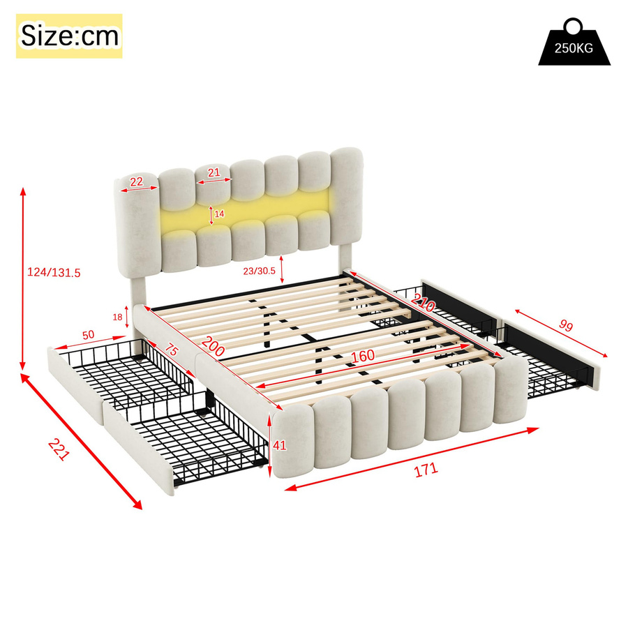 Flieks Polsterbett mit LED, Stauraumbett mit 4 Schubladen, USB-Ladefunktion und höhenverstellbarem Kopfteil, beige, B/T/H: 160 x 200 cm - Bild 2