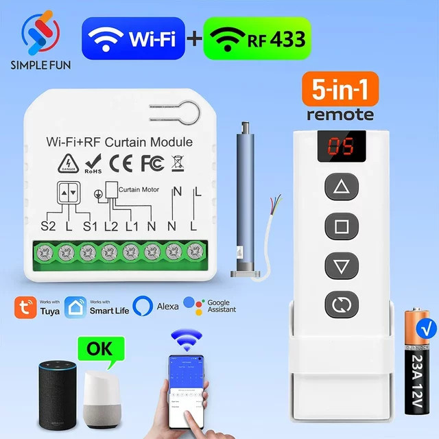 Tuya Smart Life WLAN RF Vorhang-Smart-Schalter Modul für Rolladen und Fensterjalousien in Weiß mit 5-in-1 Fernbedienung, Timer und Kompatibilität für Google Home und Alexa - Bild 1