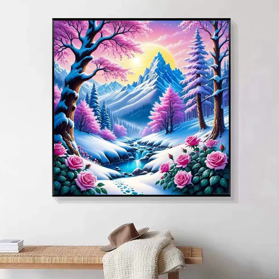 HUACAN 5D DIY Diamant Stickerei Kit Surreal Winter Landschaft mit Schnee und Blumen, Multicolor, 20 x 20 cm - Bild 4
