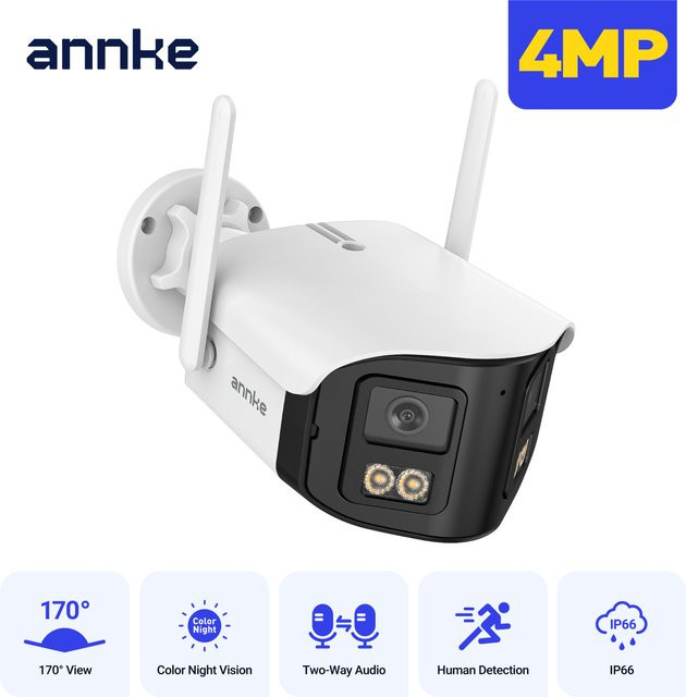 ANNKE 4MP Dual-Objektiv WLAN Sicherheitskamera mit 170° Ultra-Weitwinkel, IP66 Outdoor Heimüberwachung, vollfarbige Nachtsicht und 2-Wege-Audio in Weiß - Bild 1