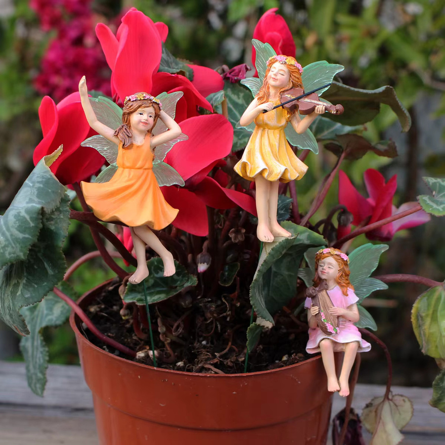 3er-Set Musik spielende Blumenfee Gartenfiguren aus Keramik und Harz in Multicolour zur Dekoration von Sukkulenten und Gartenlandschaften - Bild 5