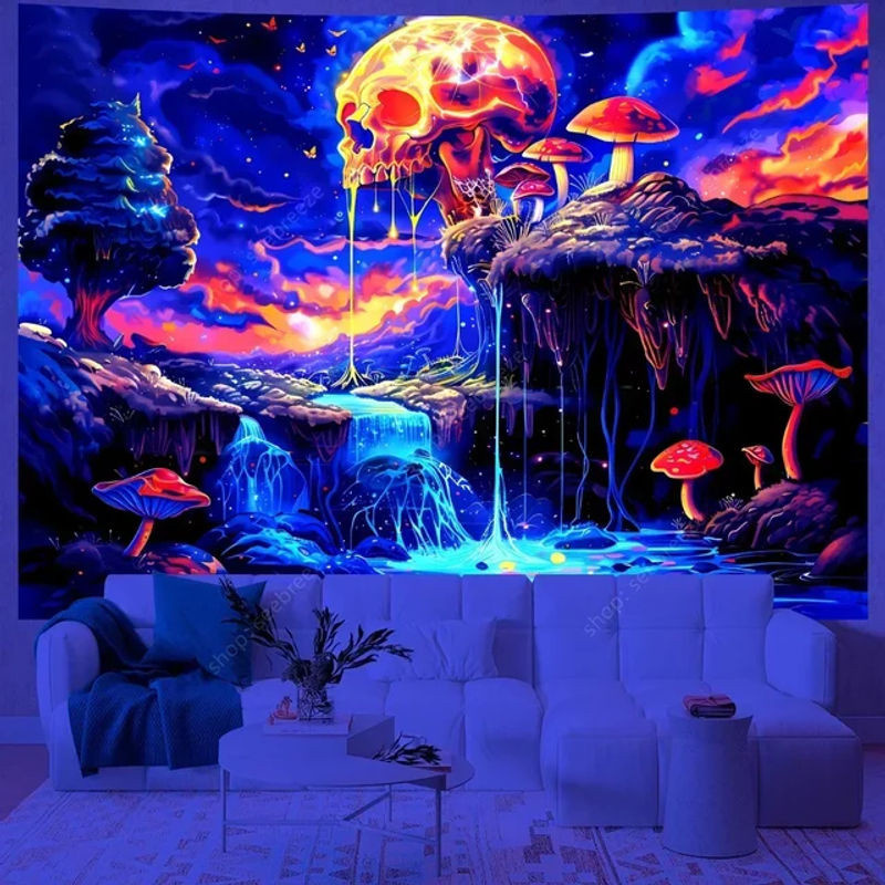 UV-reaktiver Wandteppich mit psychedelischem Totenkopf im Bohemian-Stil, mehrfarbig, B/H: 60 x 40 cm - Bild 1