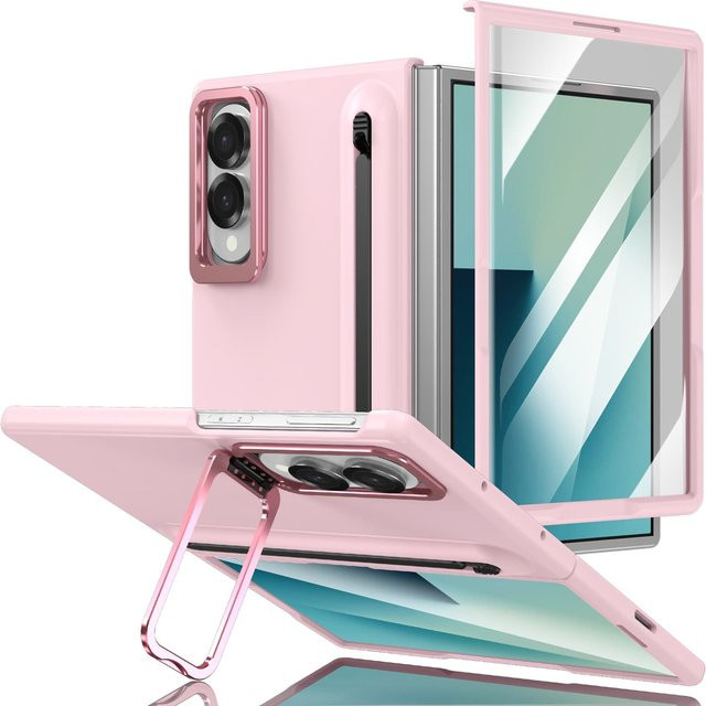 Scharnierschutz Handyhülle für Samsung Galaxy Z Fold 8 7 6 5 4 Ultra mit Stylus Stift, gehärtetem Glas für das Objektiv und integriertem Ständer in Pink - Bild 1