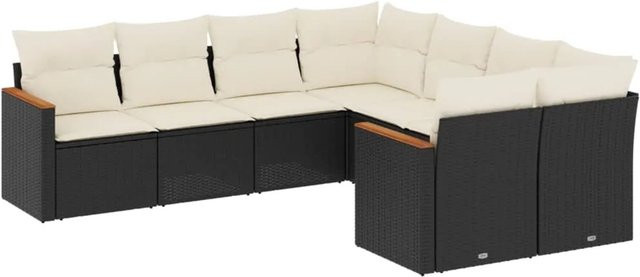 vidaXL 8-tlg Garten-Sofagarnitur in L-Form aus Polyrattan und Akazienholz mit Kissen, Schwarz - Bild 1