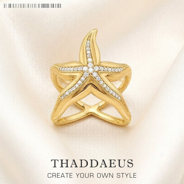 Thaddaeus Ring, vergoldet, 925 Silber, Seestern, Zirkonia, Damen - Bild 1
