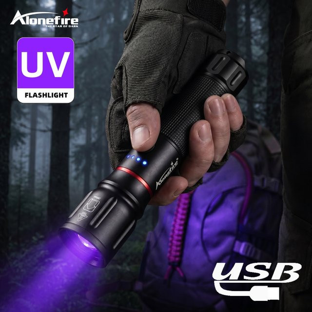 Alonefire UV-LED-Taschenlampe mit Zoom, 395nm/365nm, USB-aufladbar, Schwarz - Bild 1