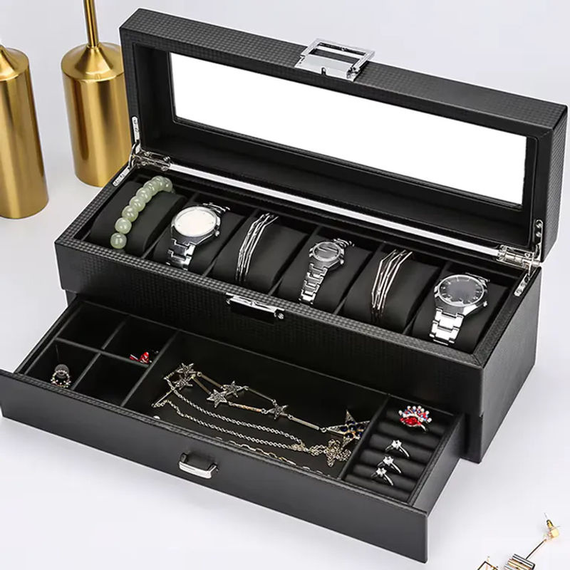 DOKW Schmuckbox aus Holz mit 2 Etagen und Schubladen, Uhrenbox und Vitrine mit transparentem Deckel für Halsketten und Ohrringe, Braun oder Schwarz - Bild 2
