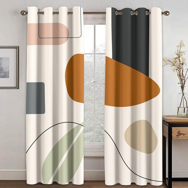 A Family Of Home Textiles Vorhang mit geometrischem japanischem Design in Morandi Farbblock-Optik, halbtransparent, Polyester, B: 150 cm, H: 166 cm - Bild 1