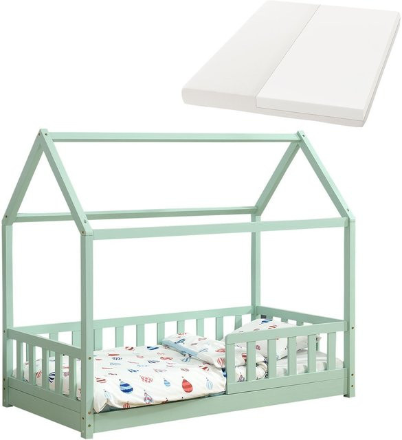 Juskys Kinderbett Marli Hausbett mit Dach, Matratze, Gitter und Lattenrost in Mint, B: 80 cm, L: 160 cm - Bild 1
