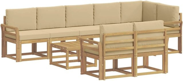 vidaXL Outdoor-Sofagarnitur 9-tlg. in L-Form aus Akazienholz mit Kissen in Weiß und Beige - Bild 1