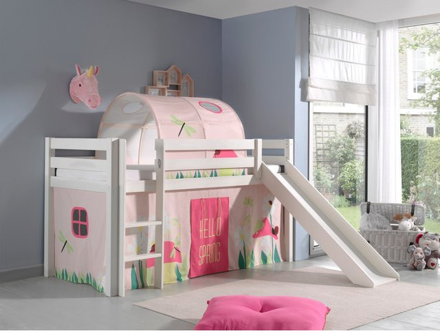 Vipack Spielbett Pino aus massiver Kiefer in Weiß mit Rutsche, Vorhang und Tunnel im Dessin Spring - Bild 1