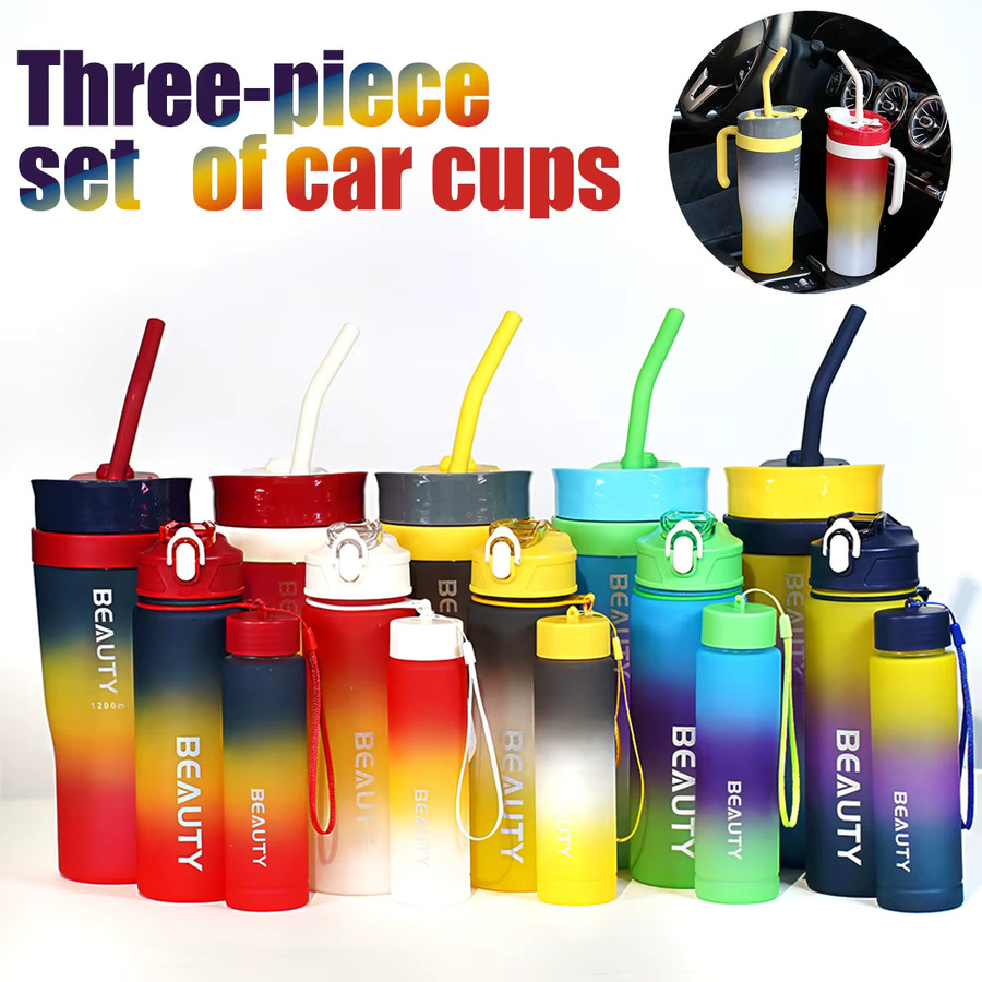 WIFEFUN 3-in-1 Sport-Wasserflaschen-Set mit Farbverlauf und Strohhalm in Petrol Multicolour - Bild 3