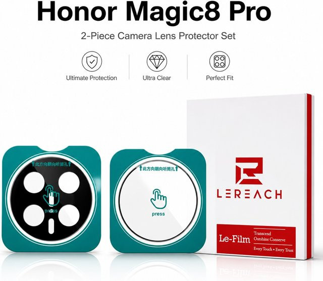 LeReach Objektivglas Kamerafolie mit Selbstpositionierung für Honor Magic8 Pro Magic 8 7 6 Pro in Schwarz und Transparent - Bild 1