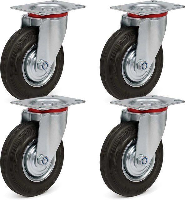 Wiltec Lenkrollen Set mit 4 Vollgummirädern in Schwarz, Durchmesser: 100 mm, Tragkraft pro Rolle: 70 kg, mit Metallfelge und Schraubbefestigung - Bild 1