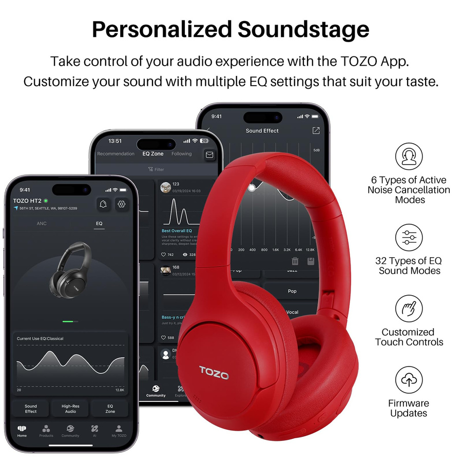 TOZO HT2 Kabellose Bluetooth Kopfhörer mit Geräuschunterdrückung und EQ in Rot - Bild 8