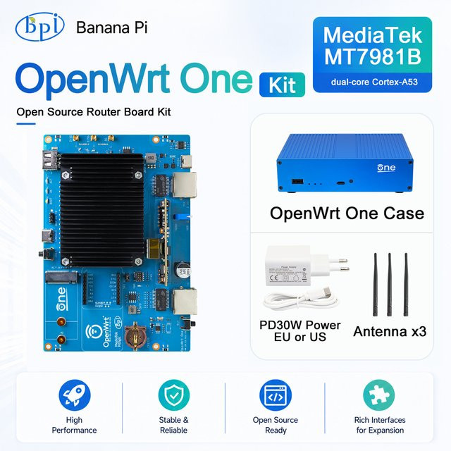 Banana Pi OpenWrt One Smart Router mit MediaTek MT7981B, 1 GB DDR4, 256 MiB SPI NAND, 2,5 GB RJ45 und Gigabit Ethernet, Blau - Bild 1