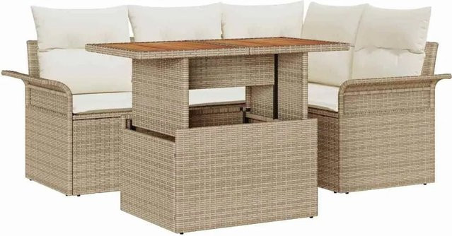 vidaXL Garten-Sofa-Set 5-tlg. in L-Form mit Kissen, Beige, modernes Outdoor-Sitzmöbel für Terrasse und Garten mit Metallrahmen und Akazienholz - Bild 1