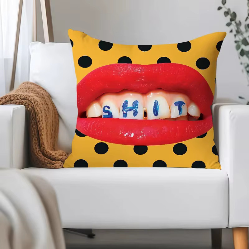 VIKAMA Vintage Pop-Art Kissenbezug Rote Lippen, quadratischer Dekokissenbezug in Rot und Multicolour, Waschbar, Breite: 30 cm, Breite: 30 cm - Bild 4