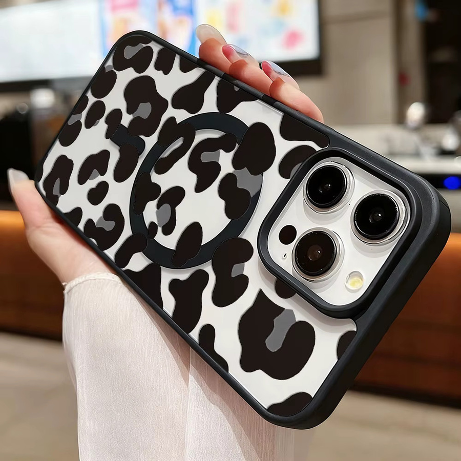 Caynes Handyhülle mit Leopardenmuster für iPhone 11 bis 16 Pro Max, schwarz und transparent, stoßfeste Acryl-Schutzhülle mit Magnetfunktion - Bild 2