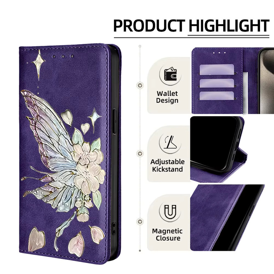 Magnetische Leder-Handtasche mit Schmetterlingsmuster als Flip Wallet Cover für iPhone 17 Pro Max, 16, 15, 14, 13, 12, 11 Pro Max, 16 Plus und 16E in Schwarz - Bild 2