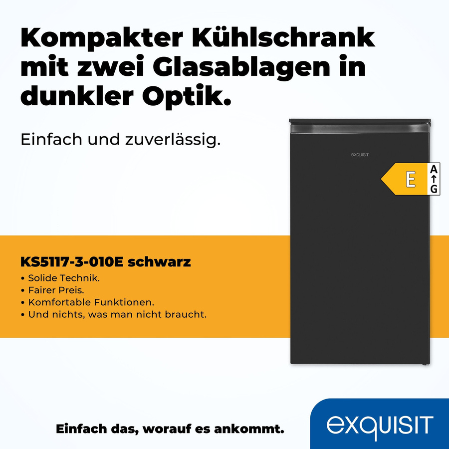 Exquisit Kühlschrank KS5117-3-010E in Schwarz mit reversiblem Türanschlag und LED-Innenbeleuchtung, B/T/H: 55 x 60 x 125 cm - Bild 2
