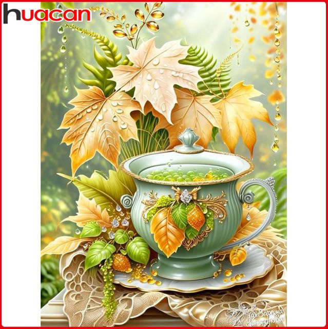 Huacan Diamant-Mosaik Wanddekoration Teetasse und Blätter in Mehrfarbig, B/H: 30,0 x 20,0 cm - Bild 1
